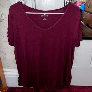 Hollister Easy Logo Icon V-Neck T-Shirt Burgundy Size L